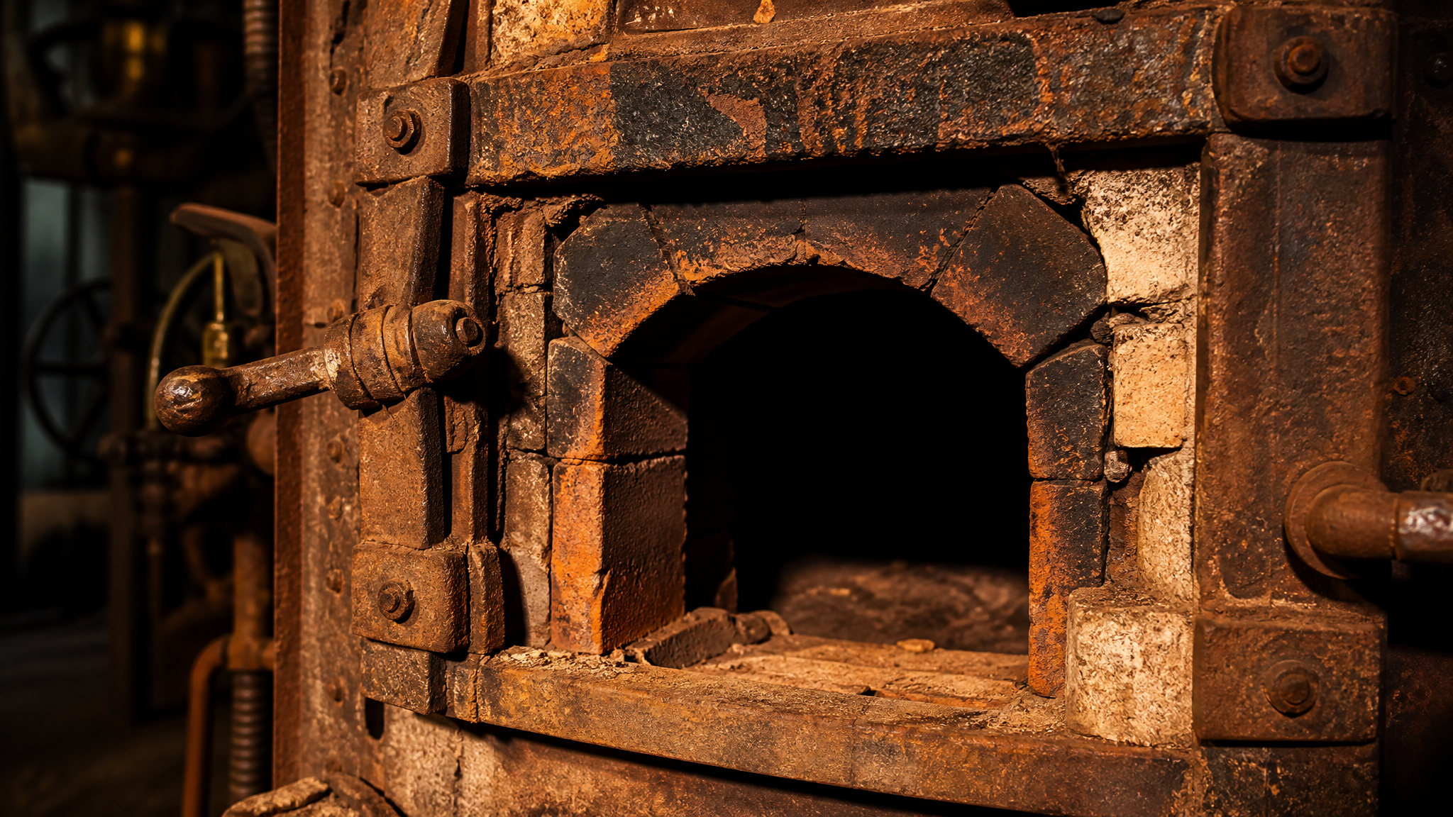 Forno antigo de fábrica de vidros, escuro e misterioso